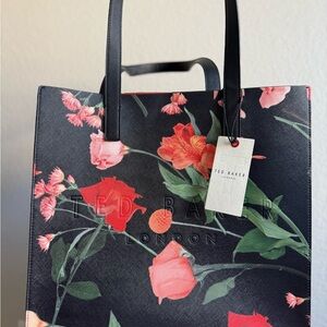 Ted Baker Black Floral Tote Bag – Statement Print, Structured Shopper
